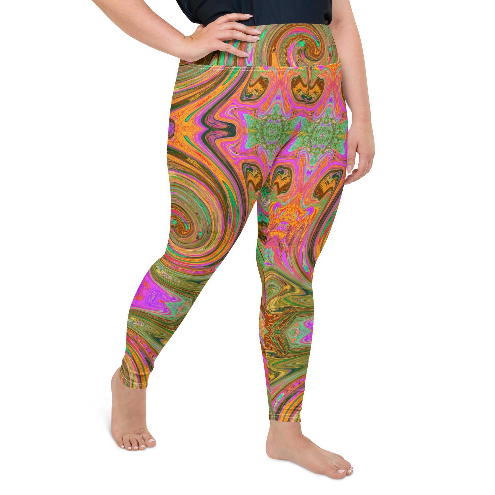 Plus Size Leggings -Groovy Abstract Retro Orange and Green Swirl