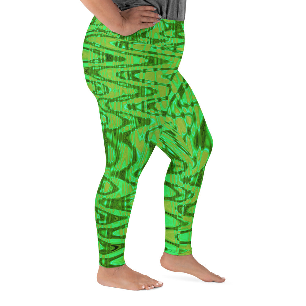 Plus Size Leggings | Cool Green and Gold Abstract Tie Dye Retro Waves