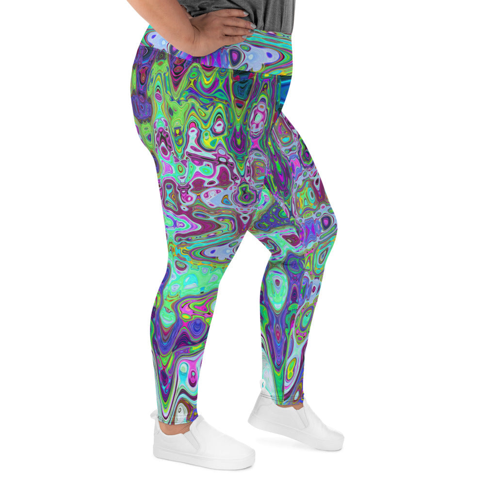 Plus Size Leggings | Abstract Green and Purple Wavy Mosaic Retro