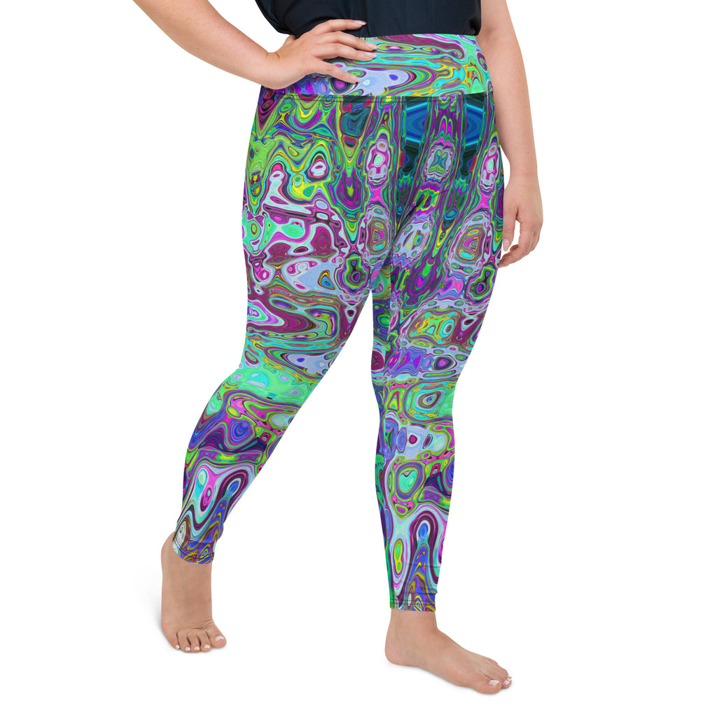 Plus Size Leggings | Abstract Green and Purple Wavy Mosaic Retro