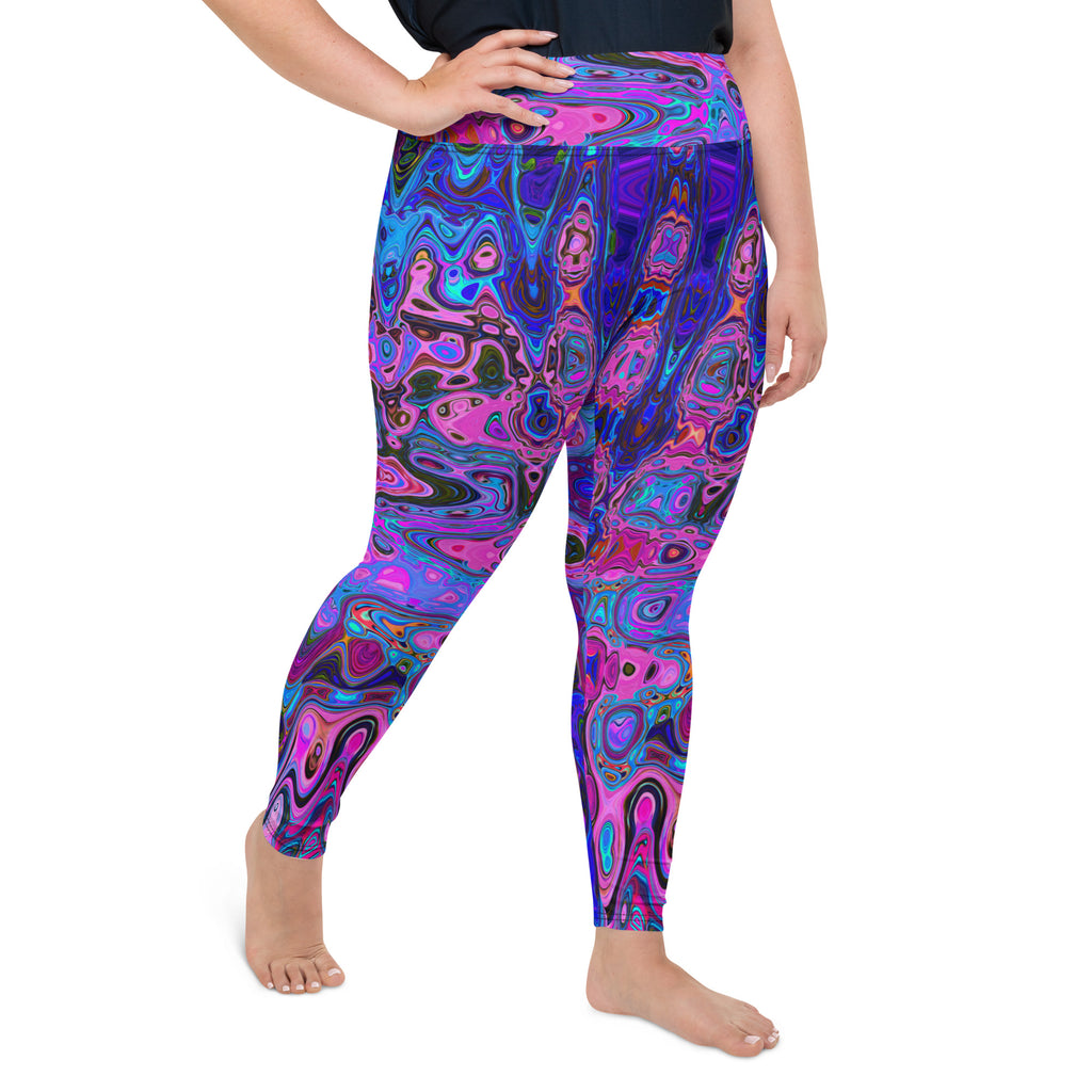 Plus Size Leggings | Abstract Mosaic Pink and Blue Wavy Retro