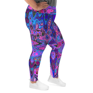 Plus Size Leggings | Abstract Mosaic Pink and Blue Wavy Retro