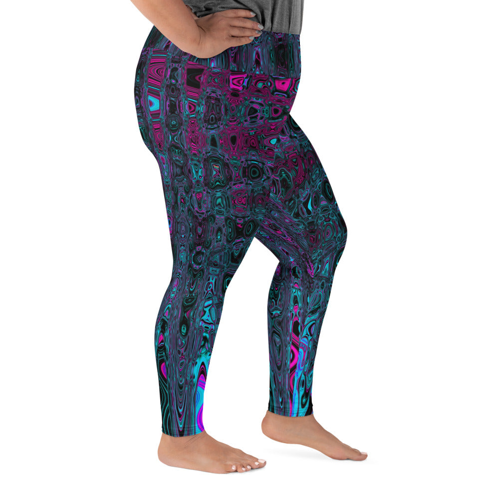 Plus Size Leggings | Retro Aqua Magenta and Black Abstract Atomic Waves