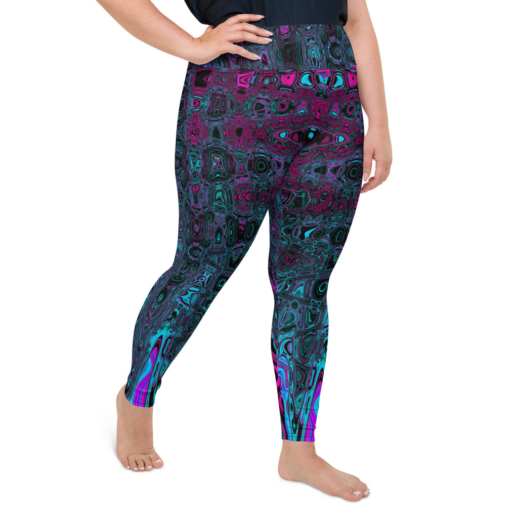 Plus Size Leggings | Retro Aqua Magenta and Black Abstract Atomic Waves