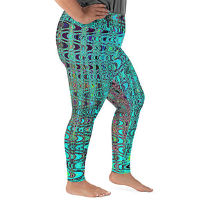 Plus Size Leggings | Abstract Kaleidoscopic Aqua Retro Boomerang Waves