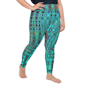 Plus Size Leggings | Abstract Kaleidoscopic Aqua Retro Boomerang Waves