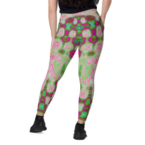 Crossover Leggings | Abstract Magenta and Green Wavy Tie Dye Clouds