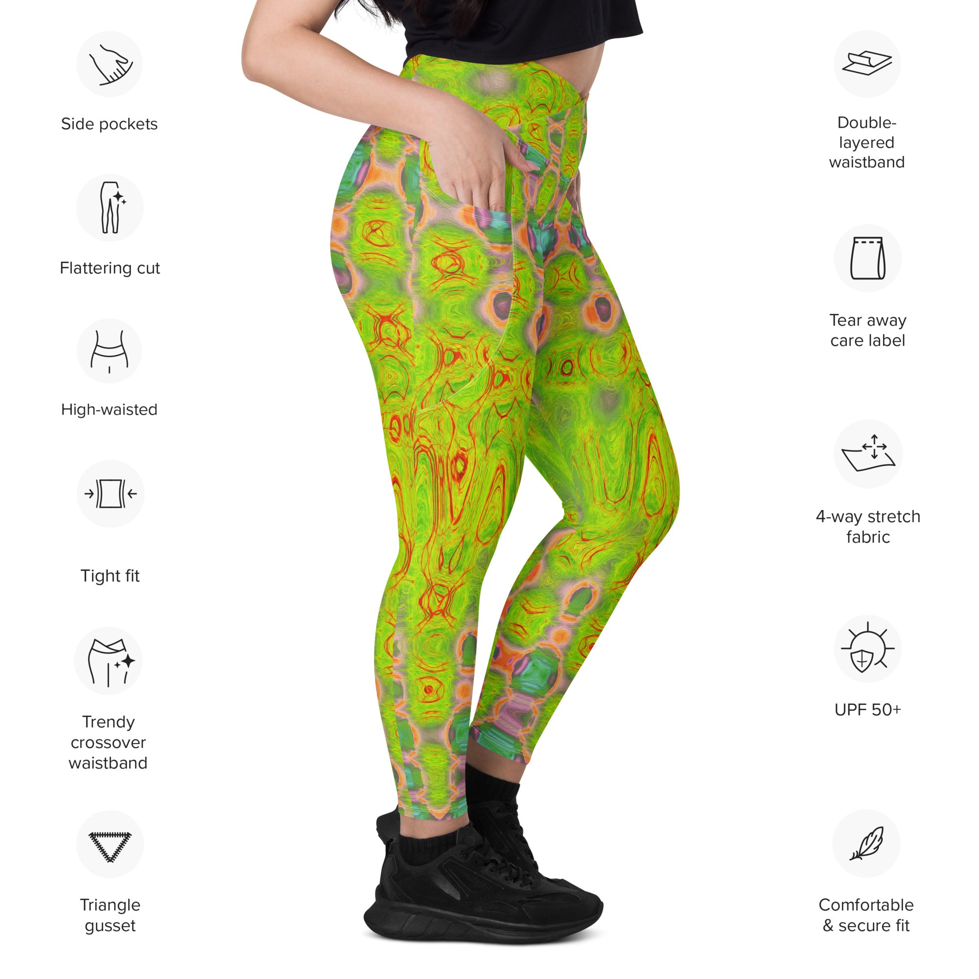 Crossover Leggings | Abstract Yellow and Red Wavy Tie Dye Clouds