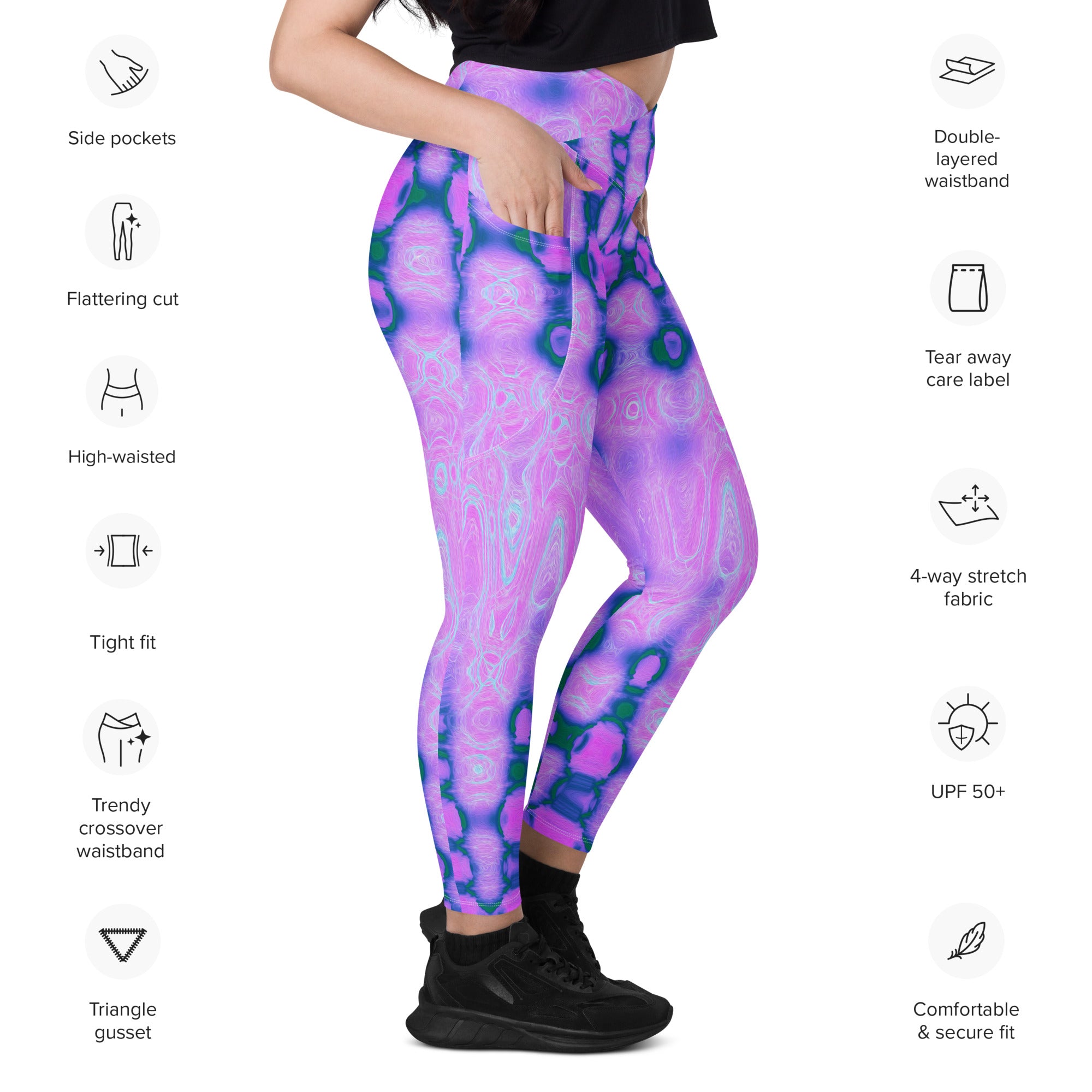 Crossover Leggings | Abstract Hot Pink Wavy Tie Dye Clouds