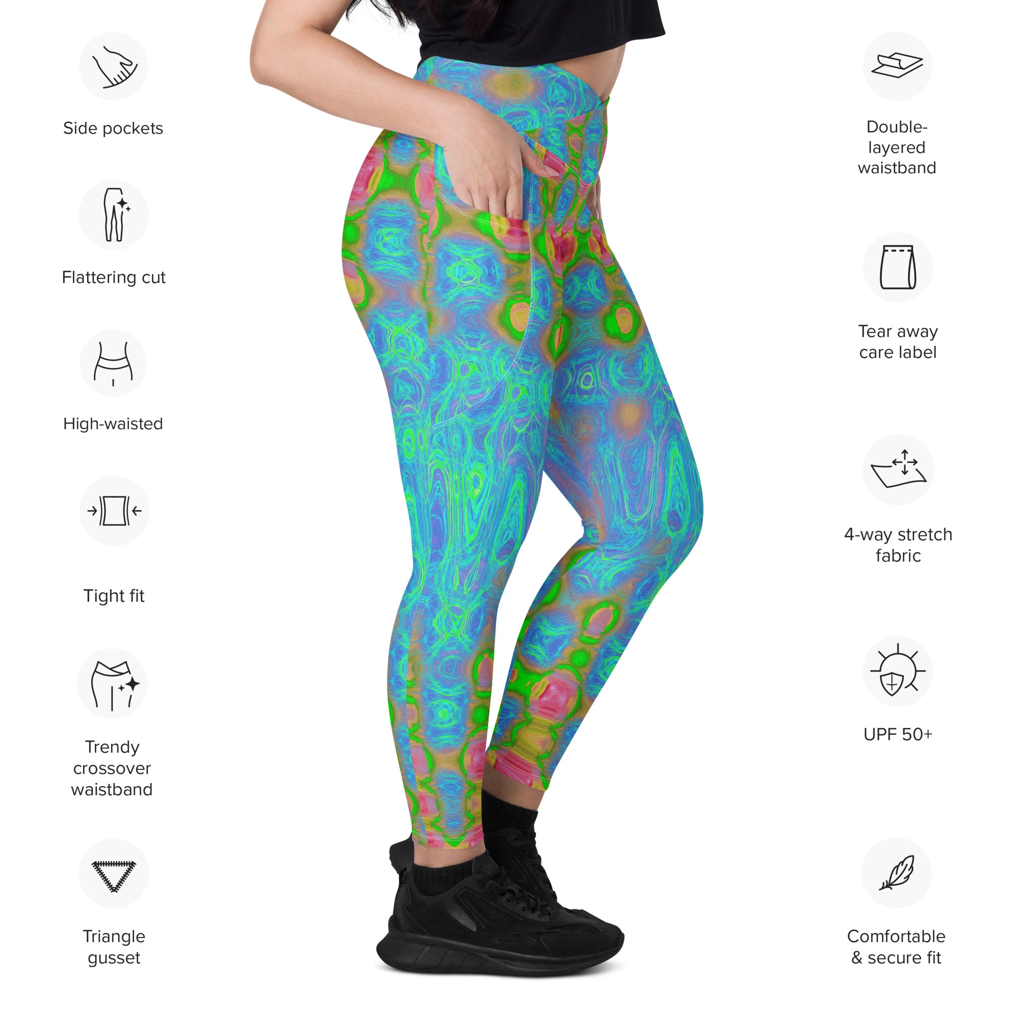 Crossover Leggings | Abstract Red and Blue Wavy Tie Dye Clouds