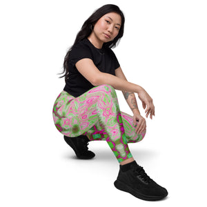 Crossover Leggings | Abstract Magenta and Green Wavy Tie Dye Clouds