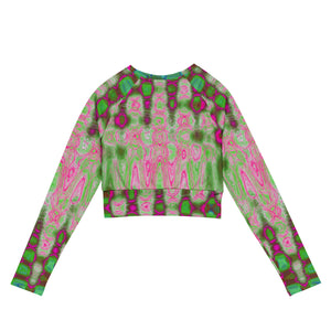 Long Sleeve Crop Top | Abstract Magenta and Green Wavy Tie Dye Clouds