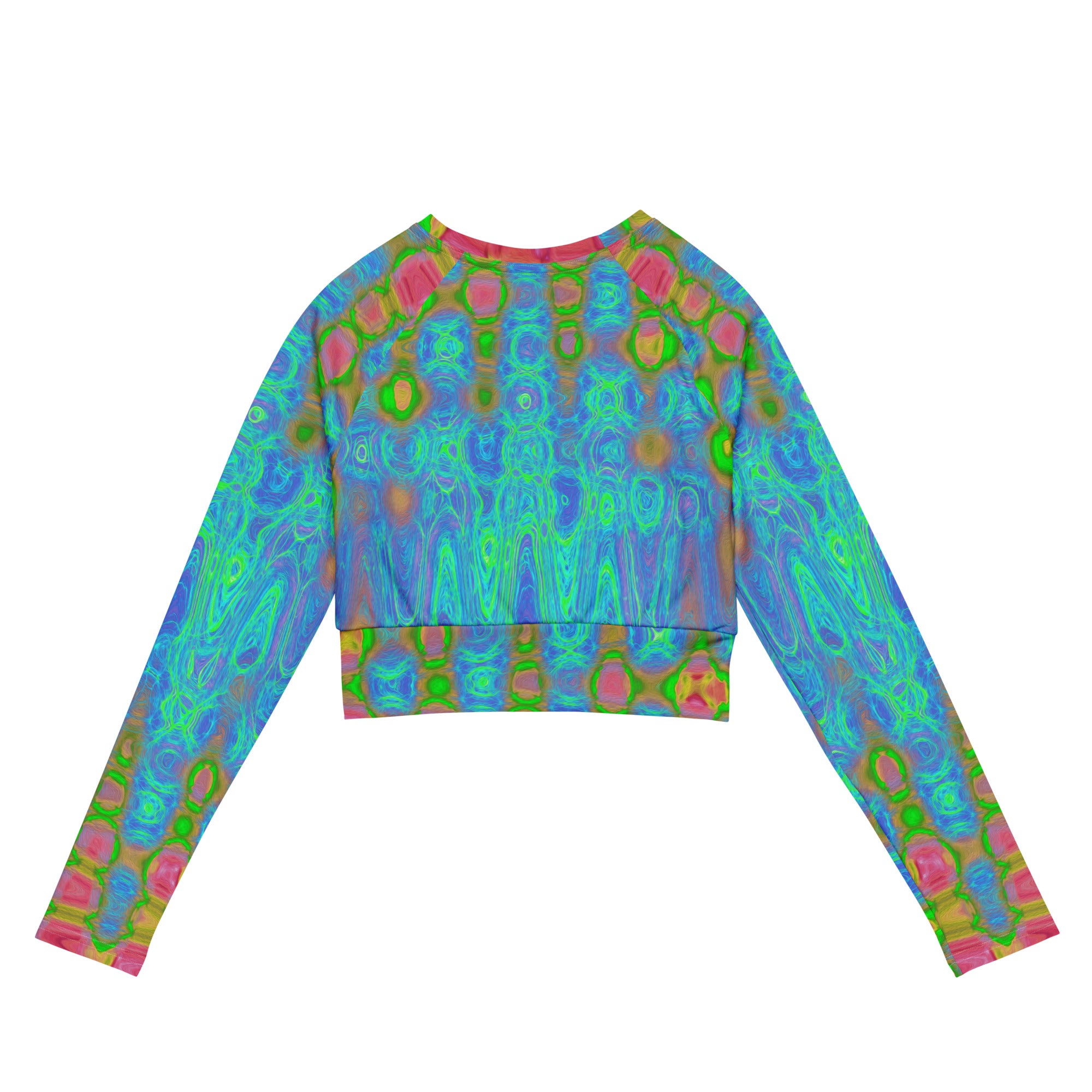Long Sleeve Crop Top | Abstract Red and Blue Wavy Tie Dye Clouds