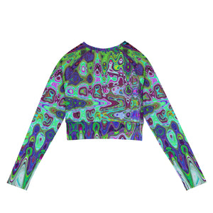 Long Sleeve Crop Top | Abstract Green and Purple Wavy Mosaic Retro