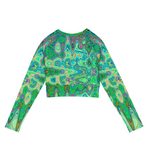 Long Sleeve Crop Top | Abstract Colorful Green Wavy Mosaic Retro