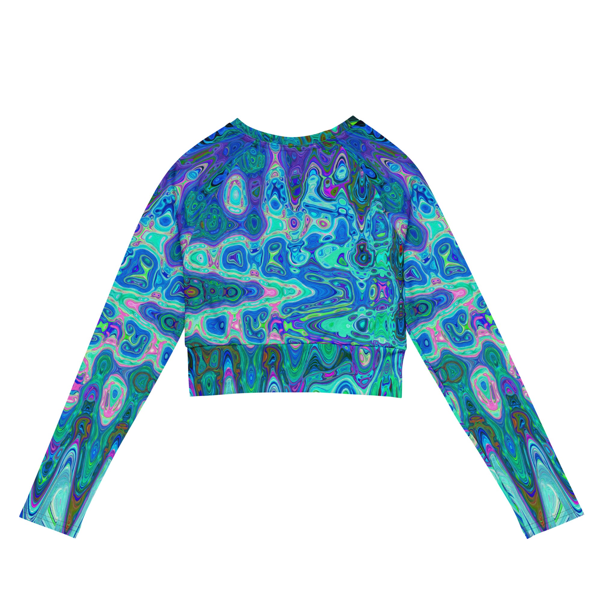 Long Sleeve Crop Top | Abstract Colorful Blue Wavy Mosaic Retro