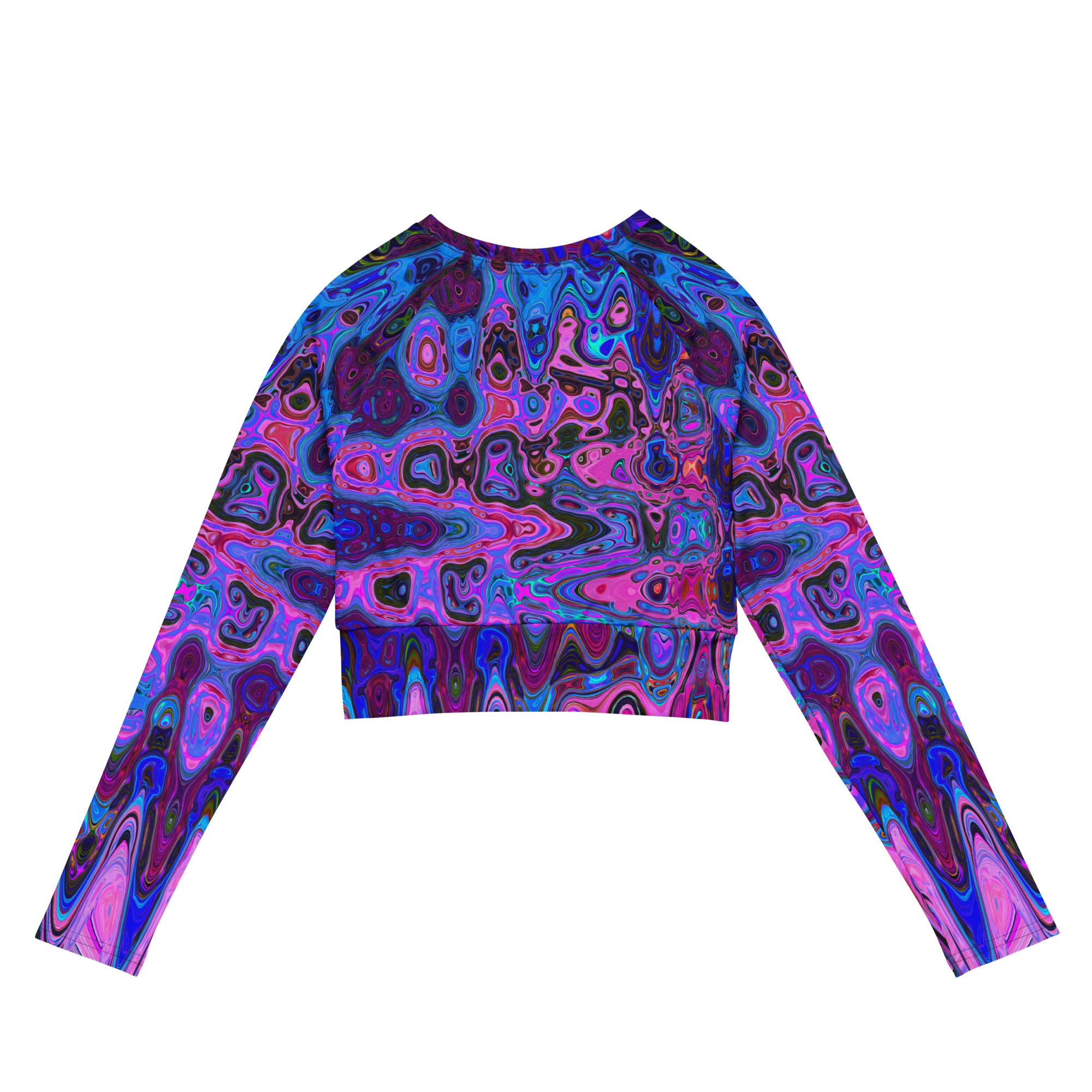 Long Sleeve Crop Top | Abstract Mosaic Pink and Blue Wavy Retro