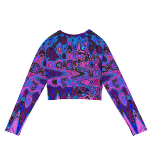 Long Sleeve Crop Top | Abstract Mosaic Pink and Blue Wavy Retro