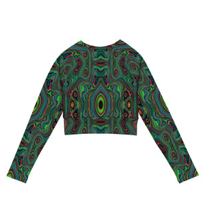 Long Sleeve Crop Top | Trippy Retro Black and Lime Green Abstract Pattern