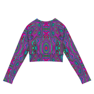 Long Sleeve Crop Top | Trippy Retro Magenta, Blue and Green Abstract