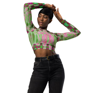 Long Sleeve Crop Top | Abstract Magenta and Green Wavy Tie Dye Clouds