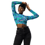 Long Sleeve Crop Top | Abstract Colorful Blue Wavy Mosaic Retro