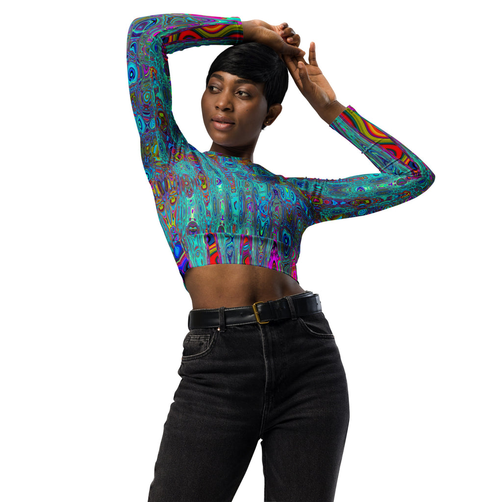 Long Sleeve Crop Top | Trippy Sky Blue Abstract Retro Atomic Waves