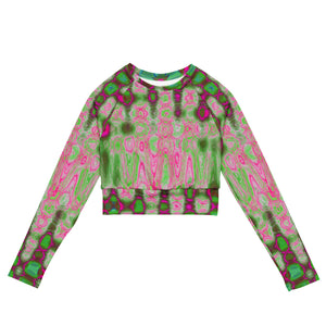 Long Sleeve Crop Top | Abstract Magenta and Green Wavy Tie Dye Clouds