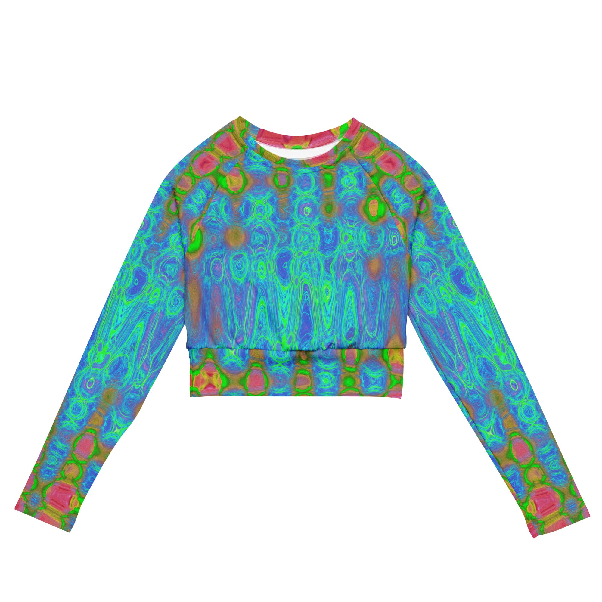 Long Sleeve Crop Top | Abstract Red and Blue Wavy Tie Dye Clouds
