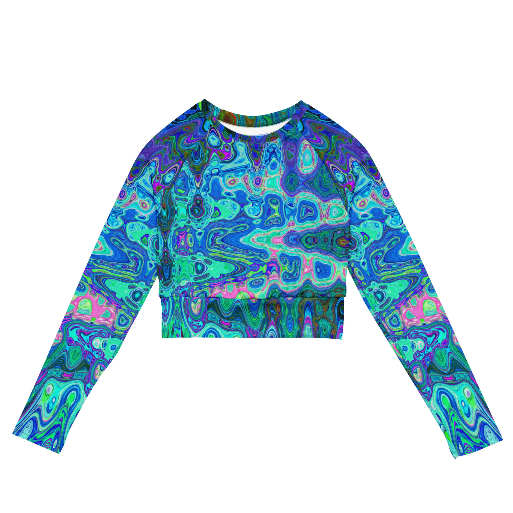 Long Sleeve Crop Top | Abstract Colorful Blue Wavy Mosaic Retro