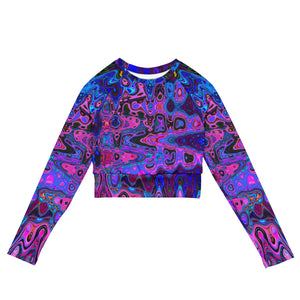 Long Sleeve Crop Top | Abstract Mosaic Pink and Blue Wavy Retro