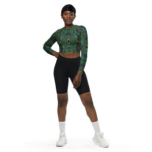 Long Sleeve Crop Top | Trippy Retro Black and Lime Green Abstract Pattern