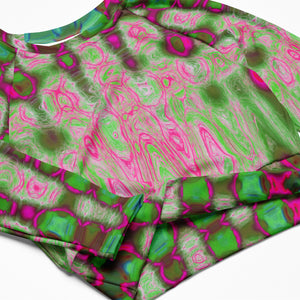 Long Sleeve Crop Top | Abstract Magenta and Green Wavy Tie Dye Clouds