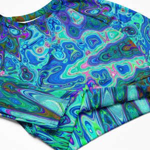 Long Sleeve Crop Top | Abstract Colorful Blue Wavy Mosaic Retro