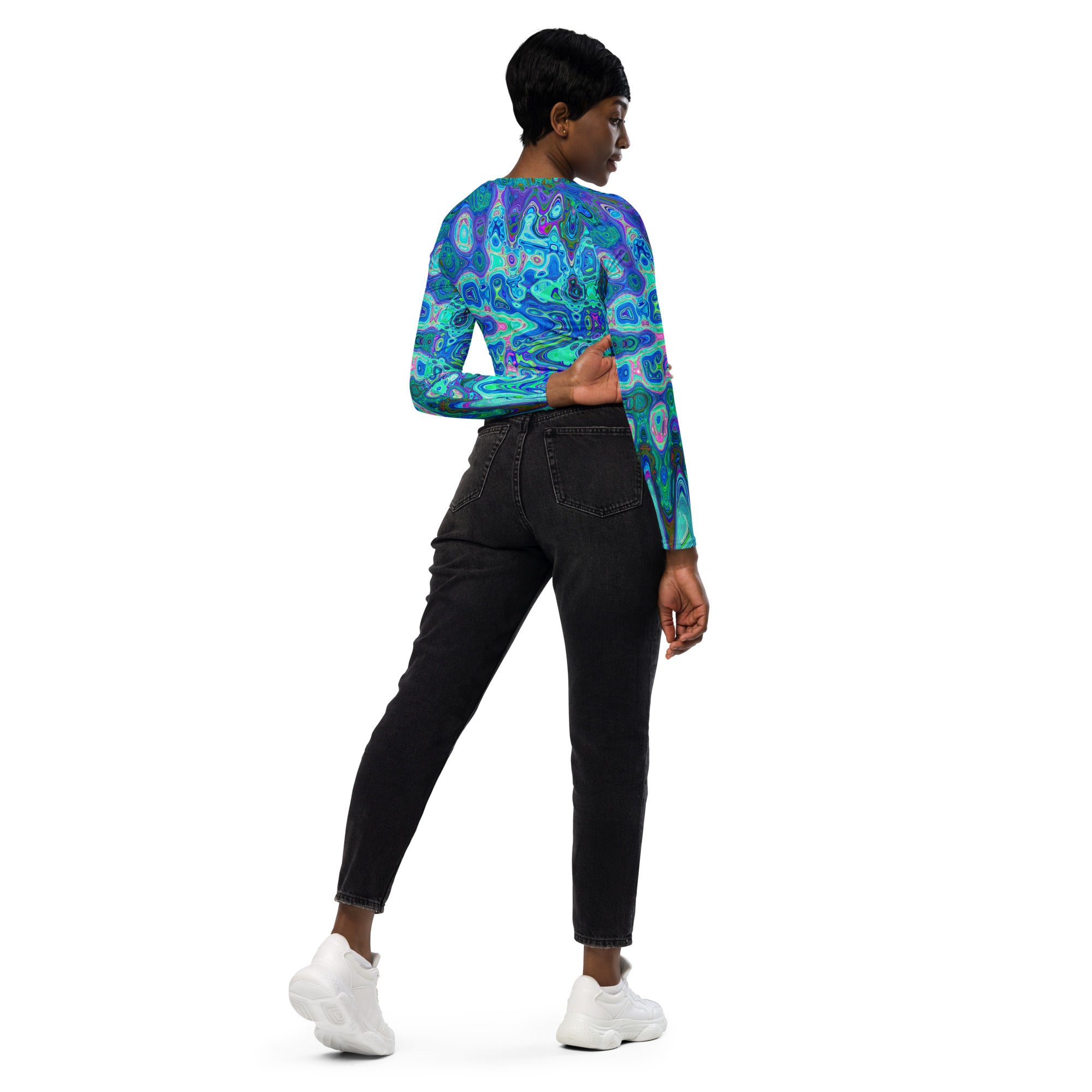 Long Sleeve Crop Top | Abstract Colorful Blue Wavy Mosaic Retro