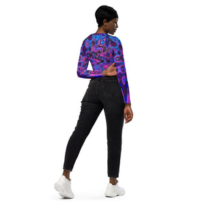 Long Sleeve Crop Top | Abstract Mosaic Pink and Blue Wavy Retro