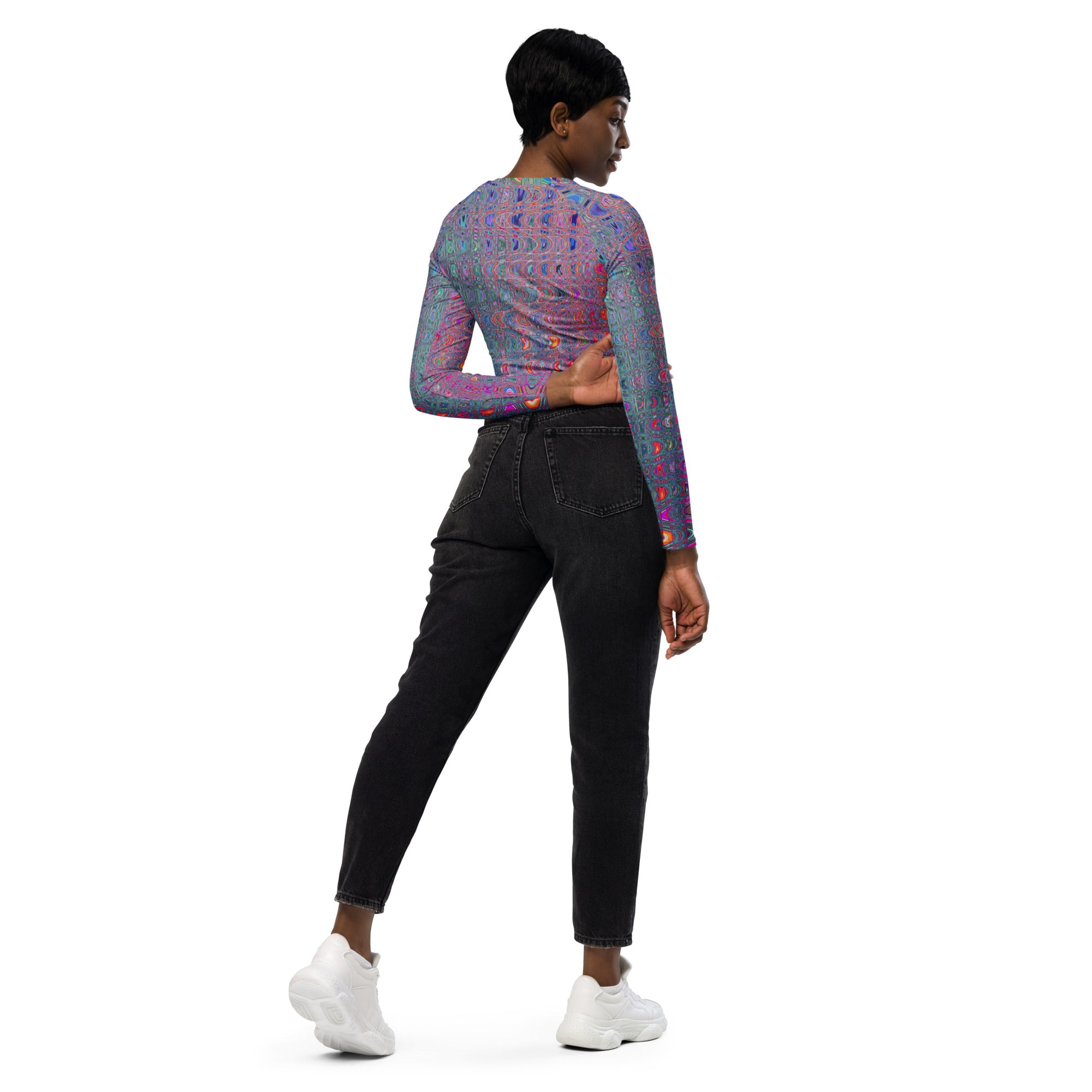 Long Sleeve Crop Top | Abstract Kaleidoscopic Retro Boomerang Waves