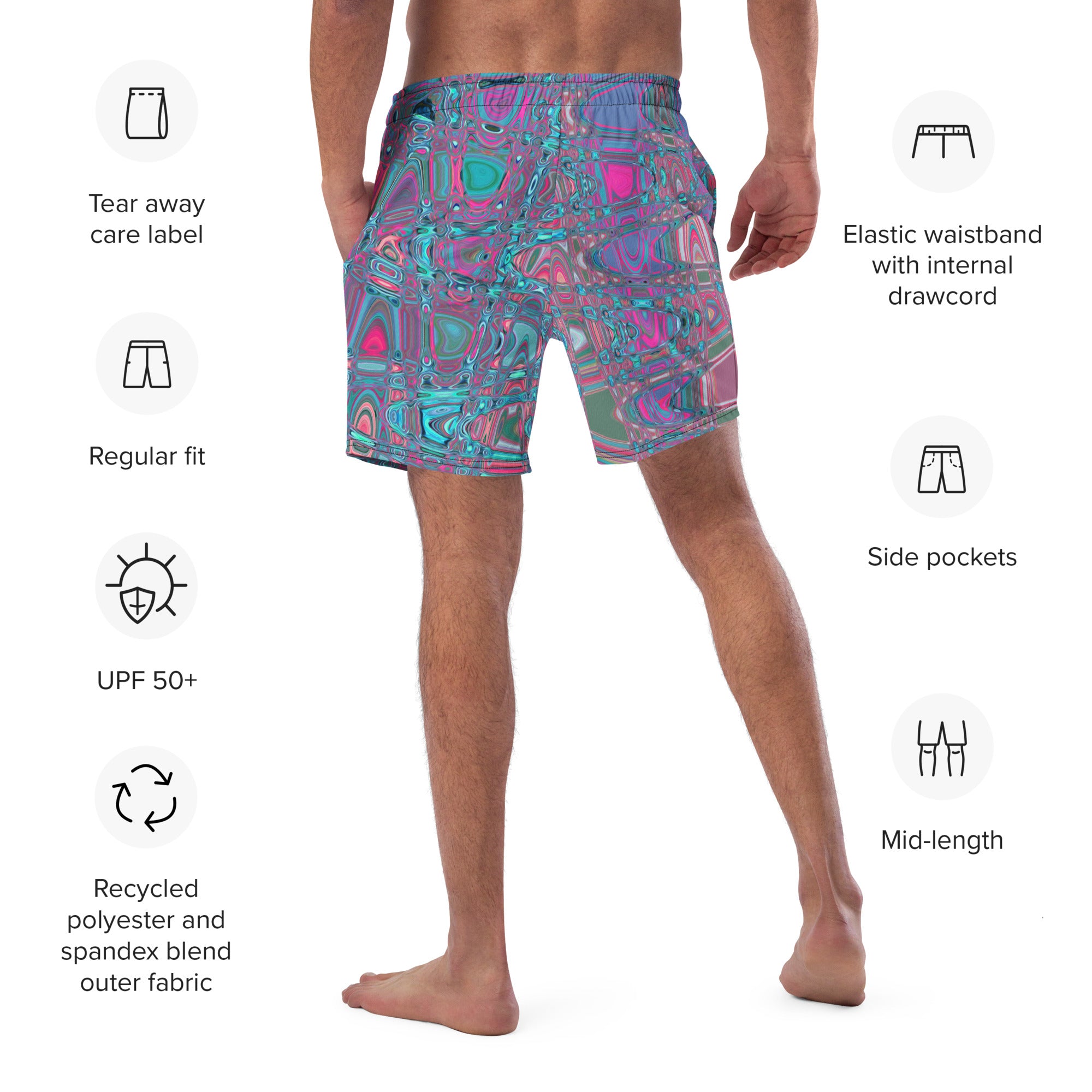 Men's Swim Trunks | Cool Abstract Blue and Magenta Retro Zigzag Waves