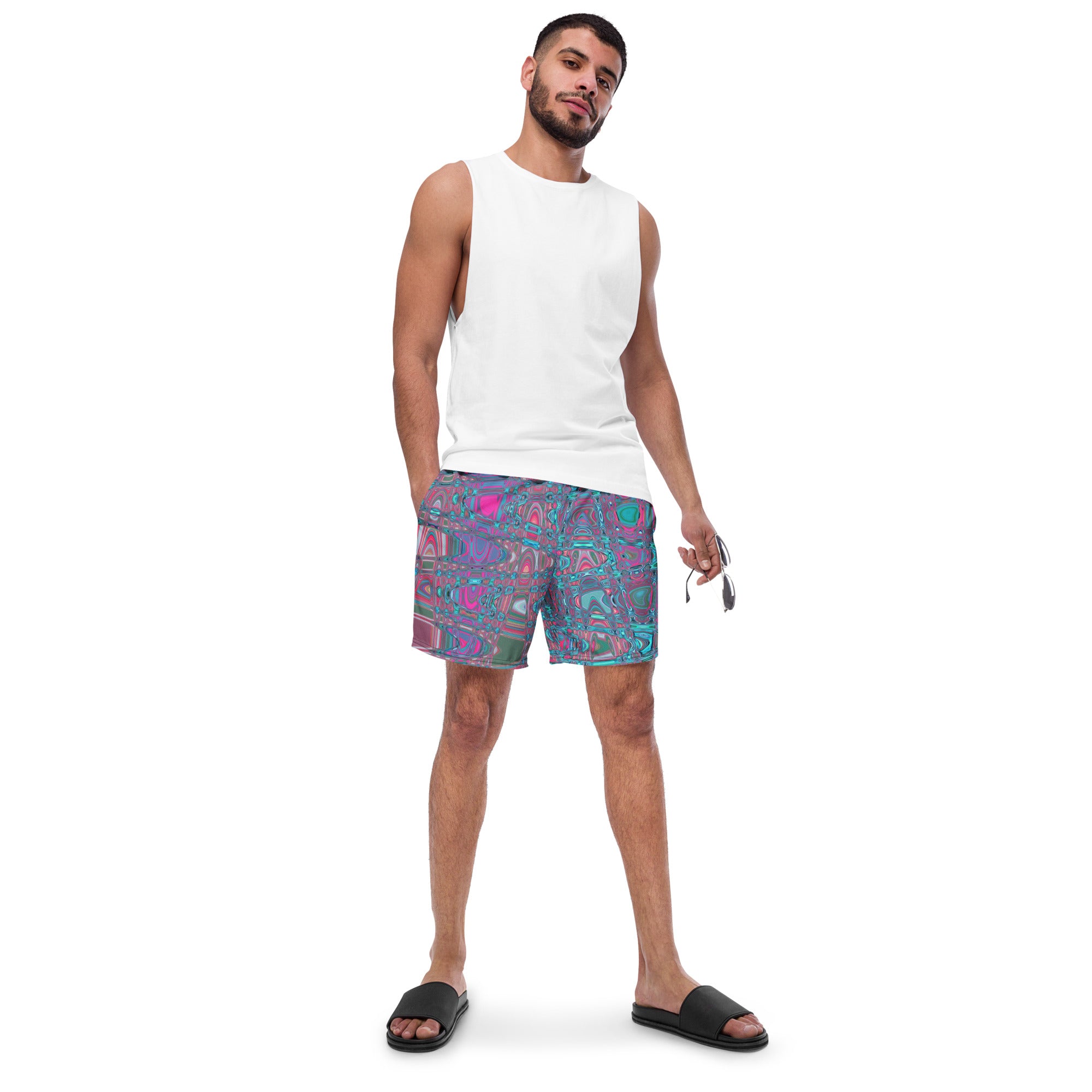 Men's Swim Trunks | Cool Abstract Blue and Magenta Retro Zigzag Waves