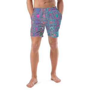 Men's Swim Trunks | Cool Abstract Blue and Magenta Retro Zigzag Waves