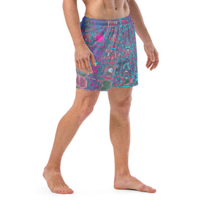 Men's Swim Trunks | Cool Abstract Blue and Magenta Retro Zigzag Waves