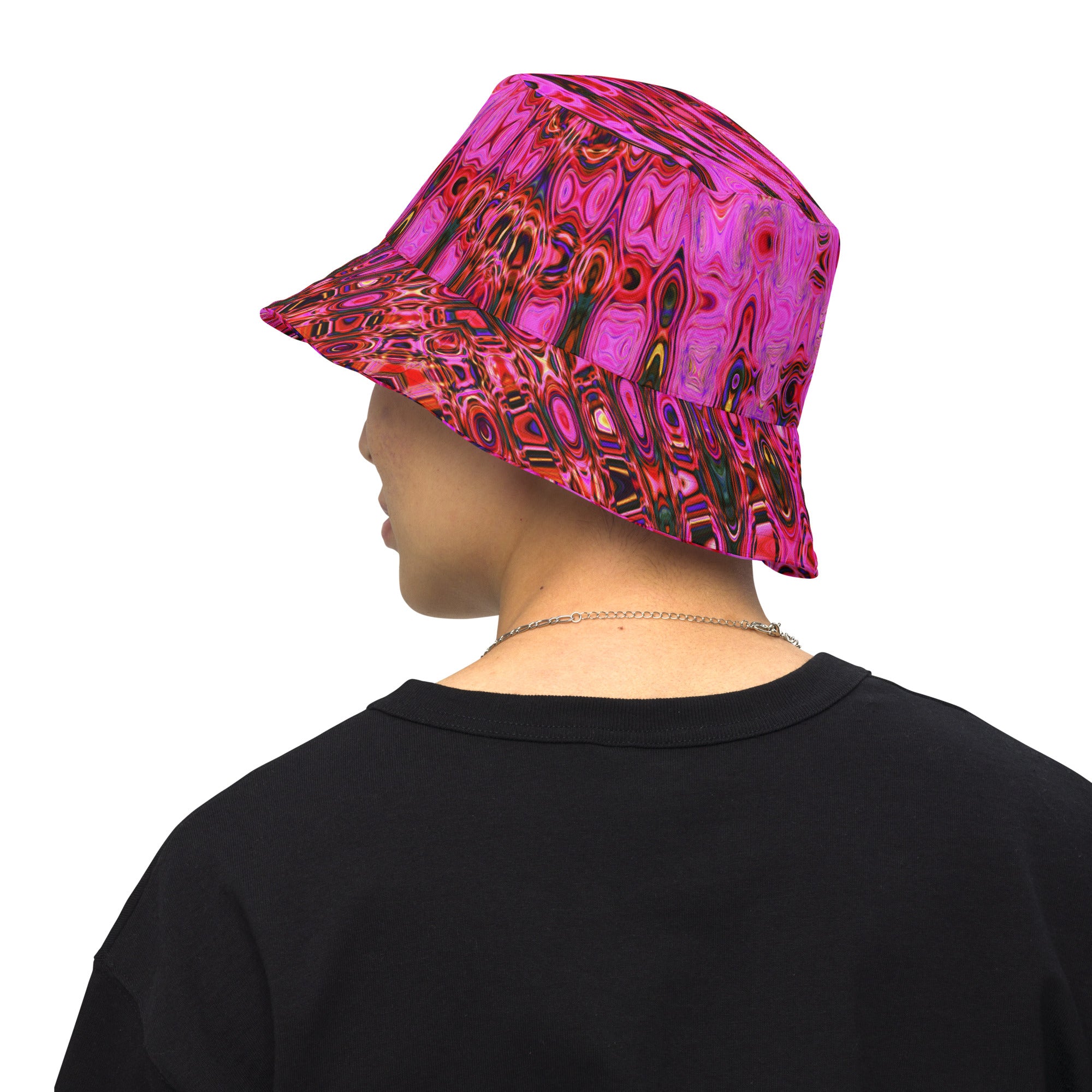 Reversible Bucket Hat | Cool Abstract Pink and Black Atomic Retro Zigzags