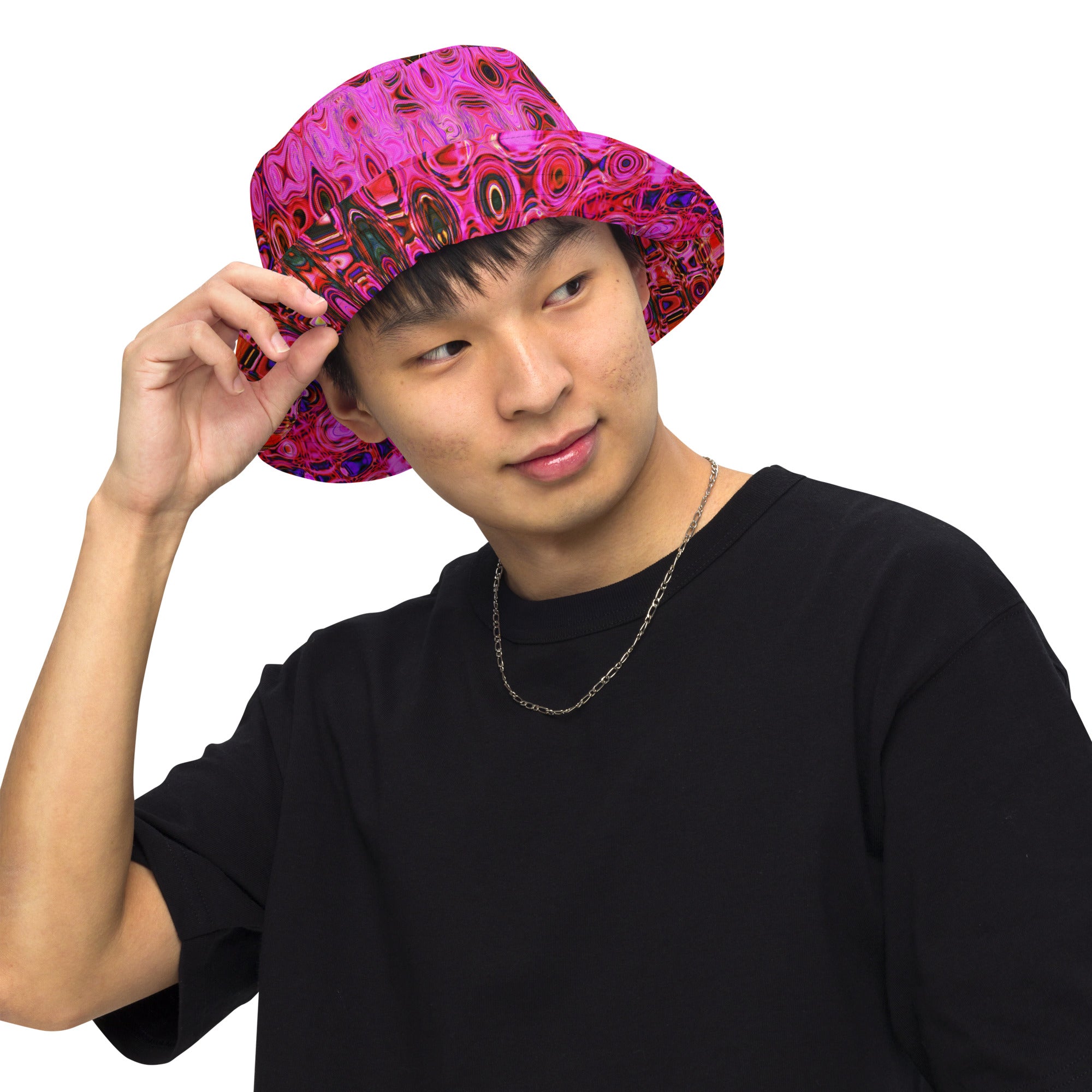 Reversible Bucket Hat | Cool Abstract Pink and Black Atomic Retro Zigzags