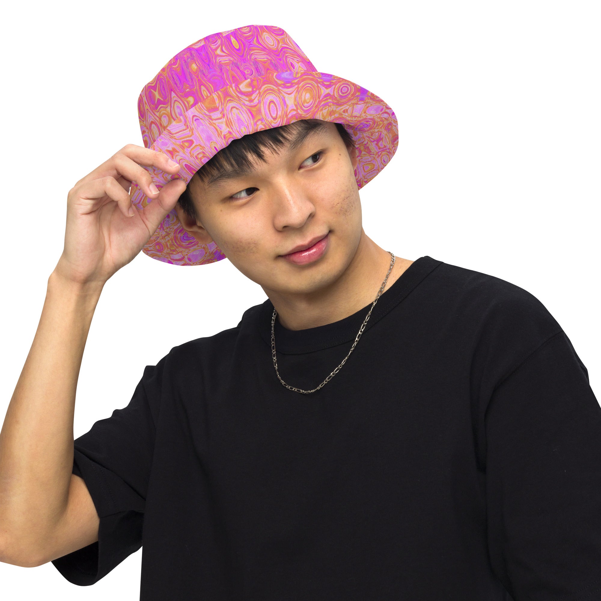 Reversible Bucket Hat | Cool Abstract Pink and Magenta Atomic Retro Zigzags