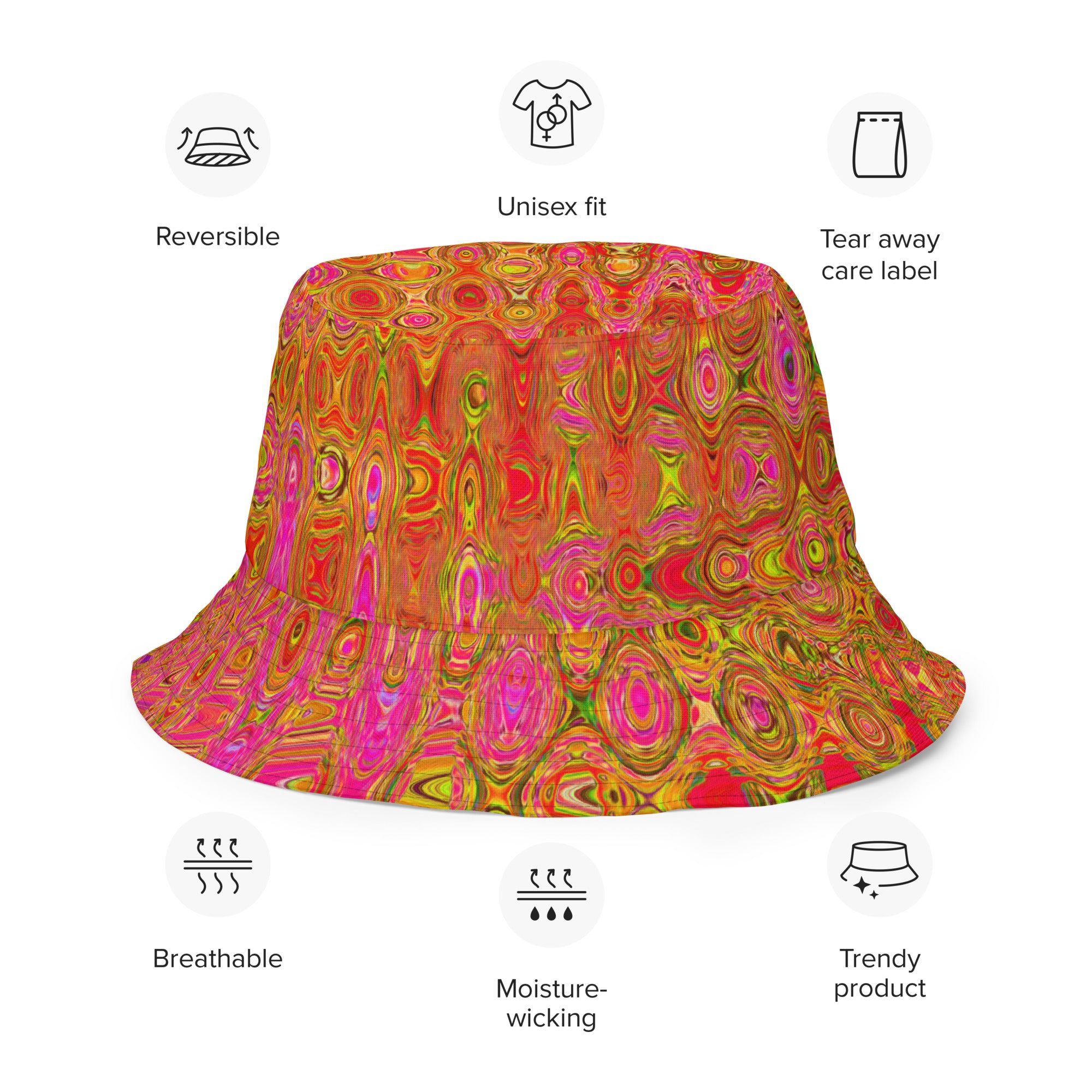 Reversible Bucket Hat | Cool Abstract Red and Yellow Atomic Retro Zigzags