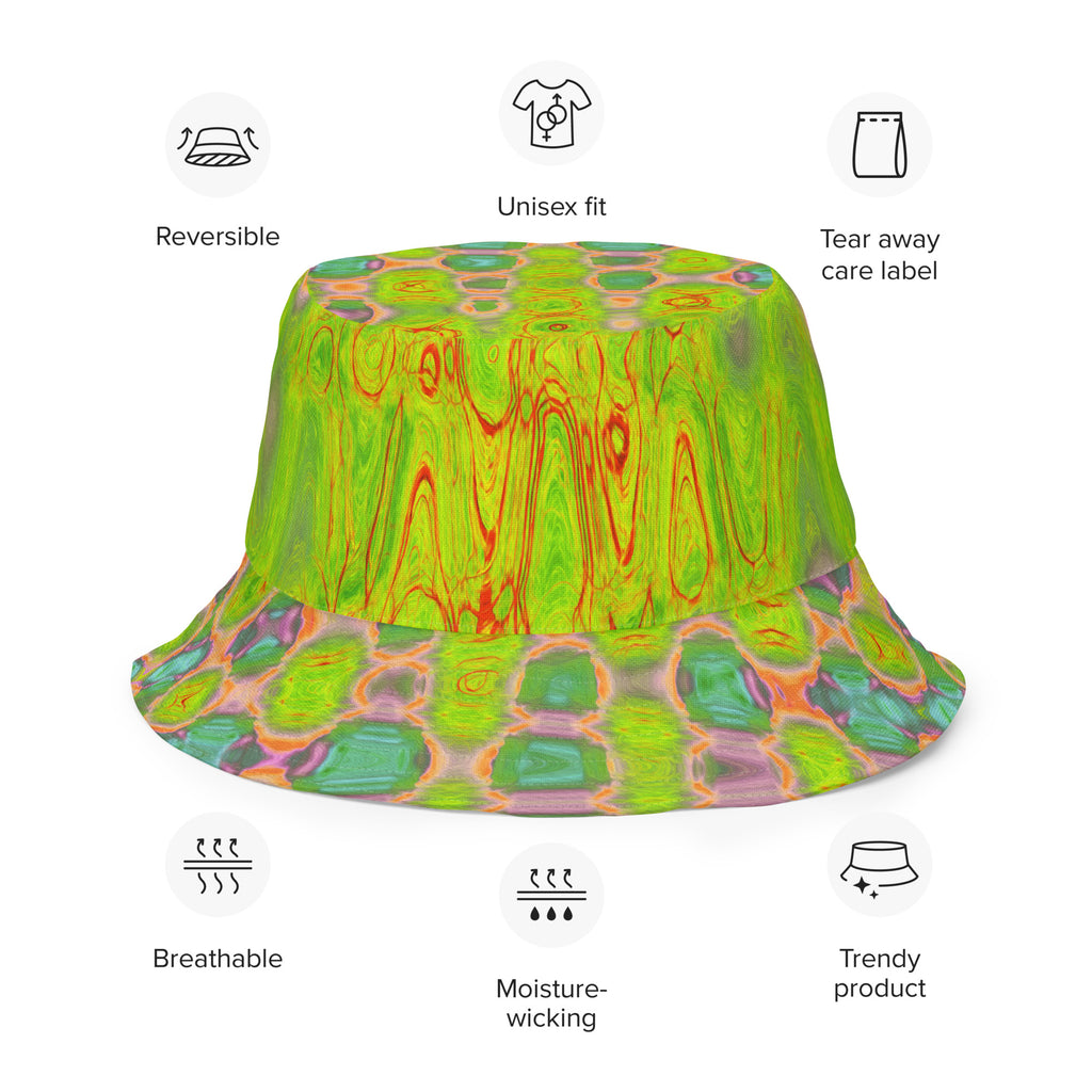 Reversible Bucket Hats | Abstract Yellow and Red Wavy Tie Dye Clouds