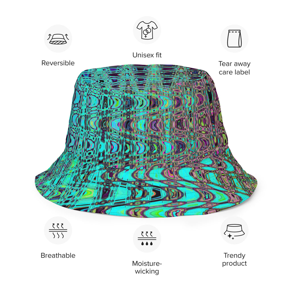 Reversible Bucket Hat | Abstract Kaleidoscopic Aqua Retro Boomerang Waves