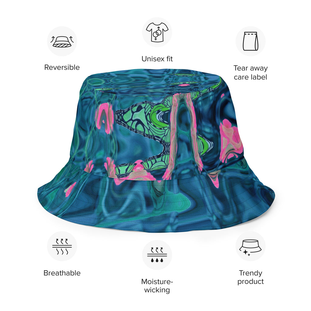 Reversible Bucket Hat | Cosmic Abstract Teal and Green Retro Ripples