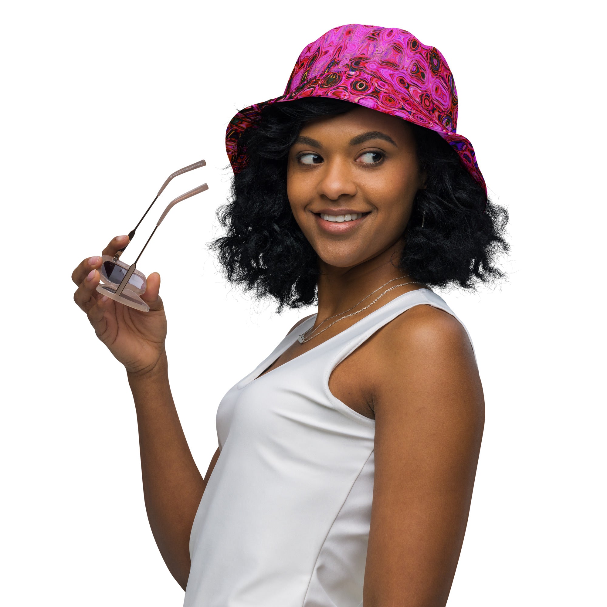 Reversible Bucket Hat | Cool Abstract Pink and Black Atomic Retro Zigzags