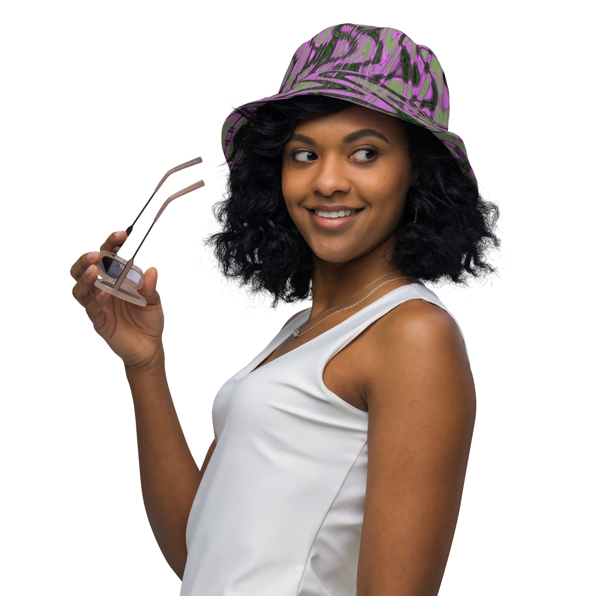 Reversible Bucket Hat | Cool Green and Pink Abstract Tie Dye Retro Waves
